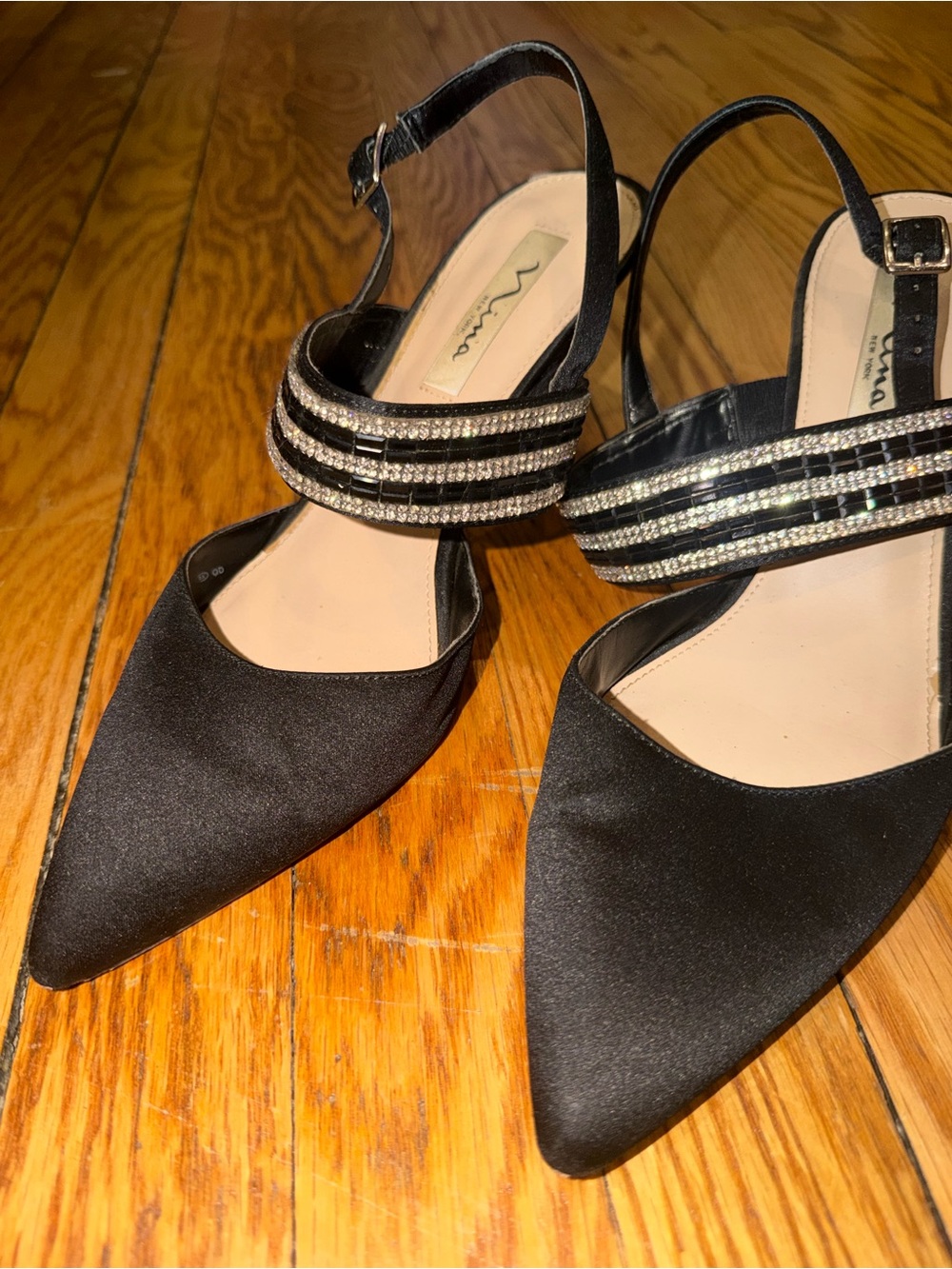 Nina Shoes Black Satin Pointed Slingback Heels with Crystal Straps